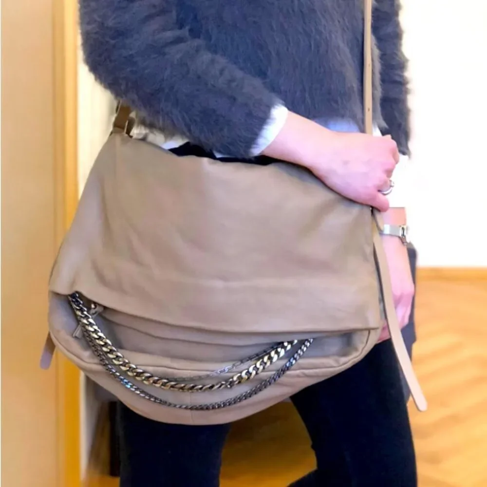 Auth Jimmy Choo Taupe Biker Chain Relaxed Hobo Bag. Excellent Preloved Satchel.